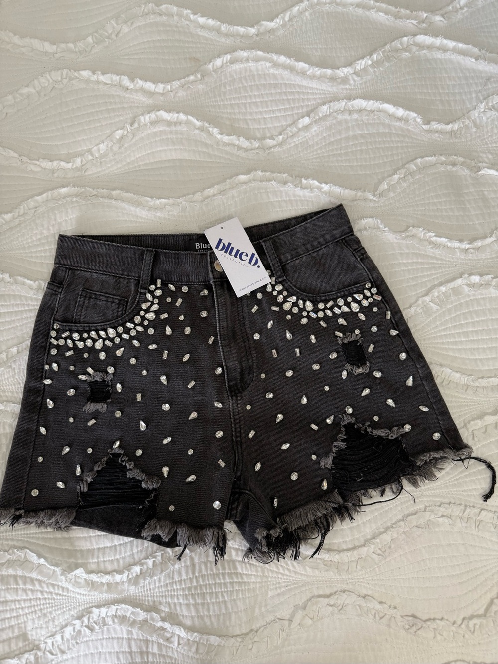Blue B Collection Black Studded Distressed Denim Shorts
